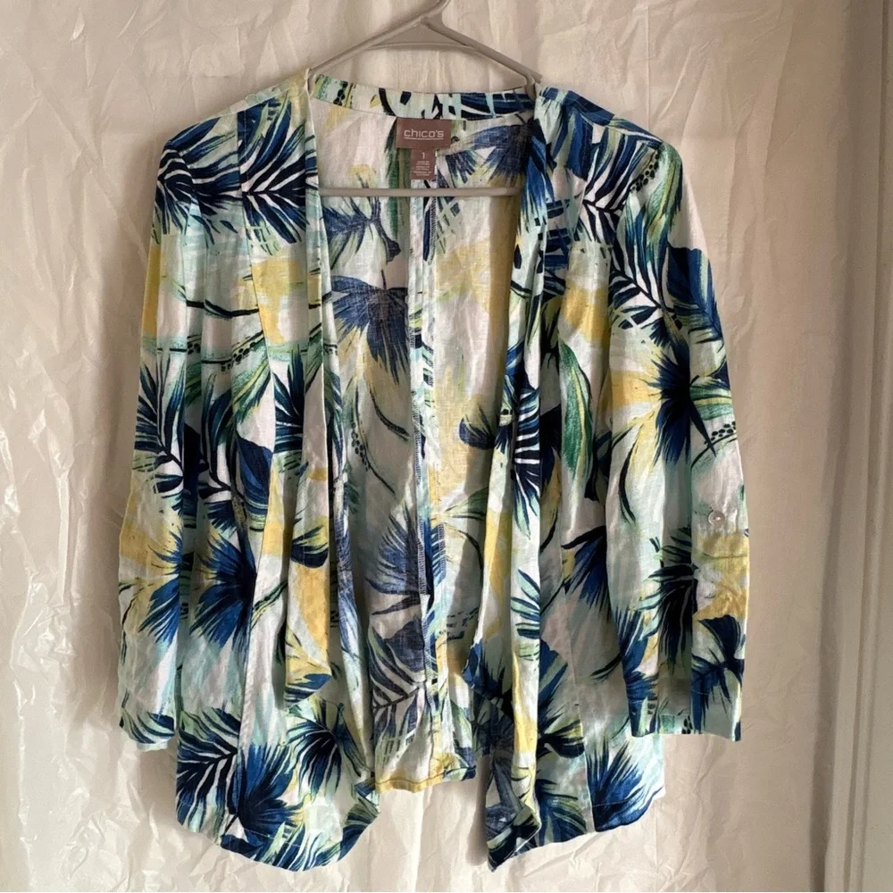 Chico’s Tropical Garden Linen Open Drape Front Jacket Women’s Sz Medium Blue